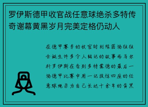 罗伊斯德甲收官战任意球绝杀多特传奇谢幕黄黑岁月完美定格仍动人