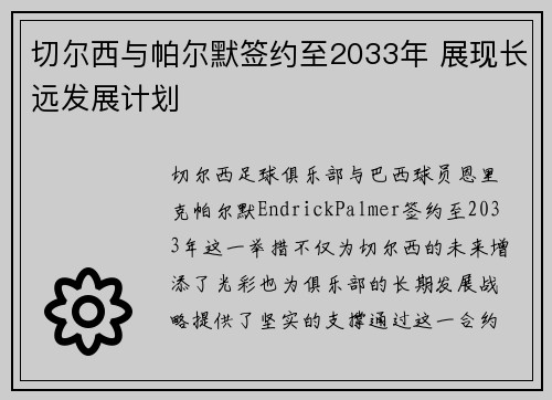 切尔西与帕尔默签约至2033年 展现长远发展计划